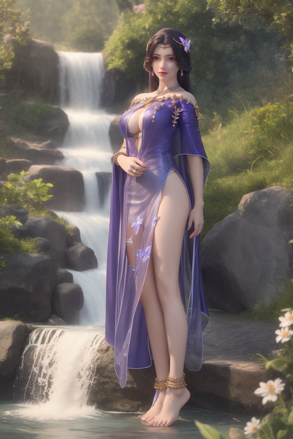 ultra realistic 8k cg,flawless,clean,masterpiece,professional artwork,famous artwork,perfect face,beautiful face,best quality,full_shot,absurdres,shenfengXiaoYunXi,1girl,solo,dress,cape,circlet,halterneck,standing,purple eyes,purple hair,shiny,torogao,smile,makeup,red lips,breasts,large breasts,jewelry,earrings,hair ornament,(outdoors:1.4),water,waterfall,butterfly,flower,braid,long hair,realistic,looking at viewer,barefoot,anklet,barefoot sandals,<lora:shenfengXiaoYunXi_20240106234614-000004:0.7>,