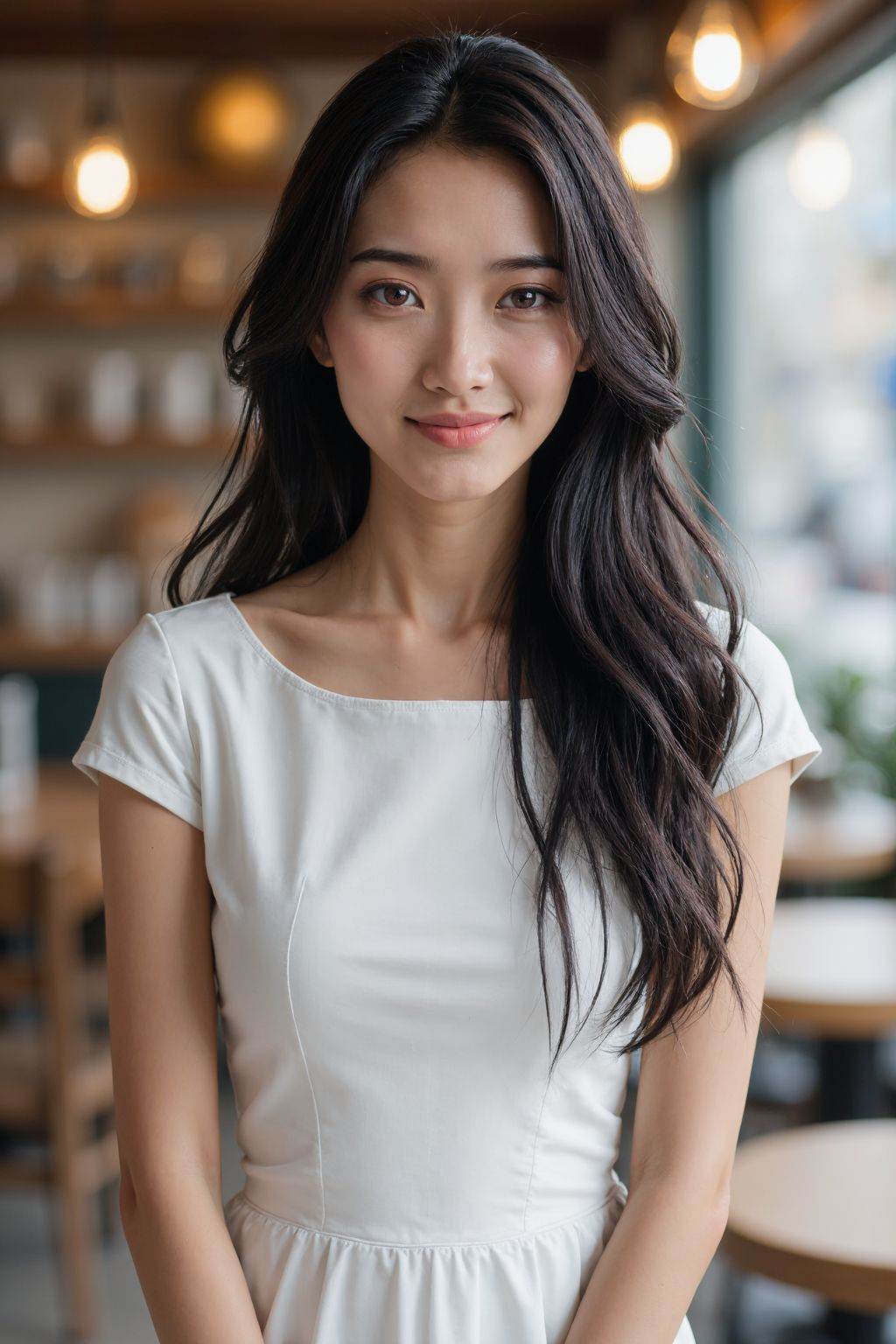 This is a beautiful photograph of a woman,  black hair cascading over her shoulders. She is wearing a white boatneck dress...