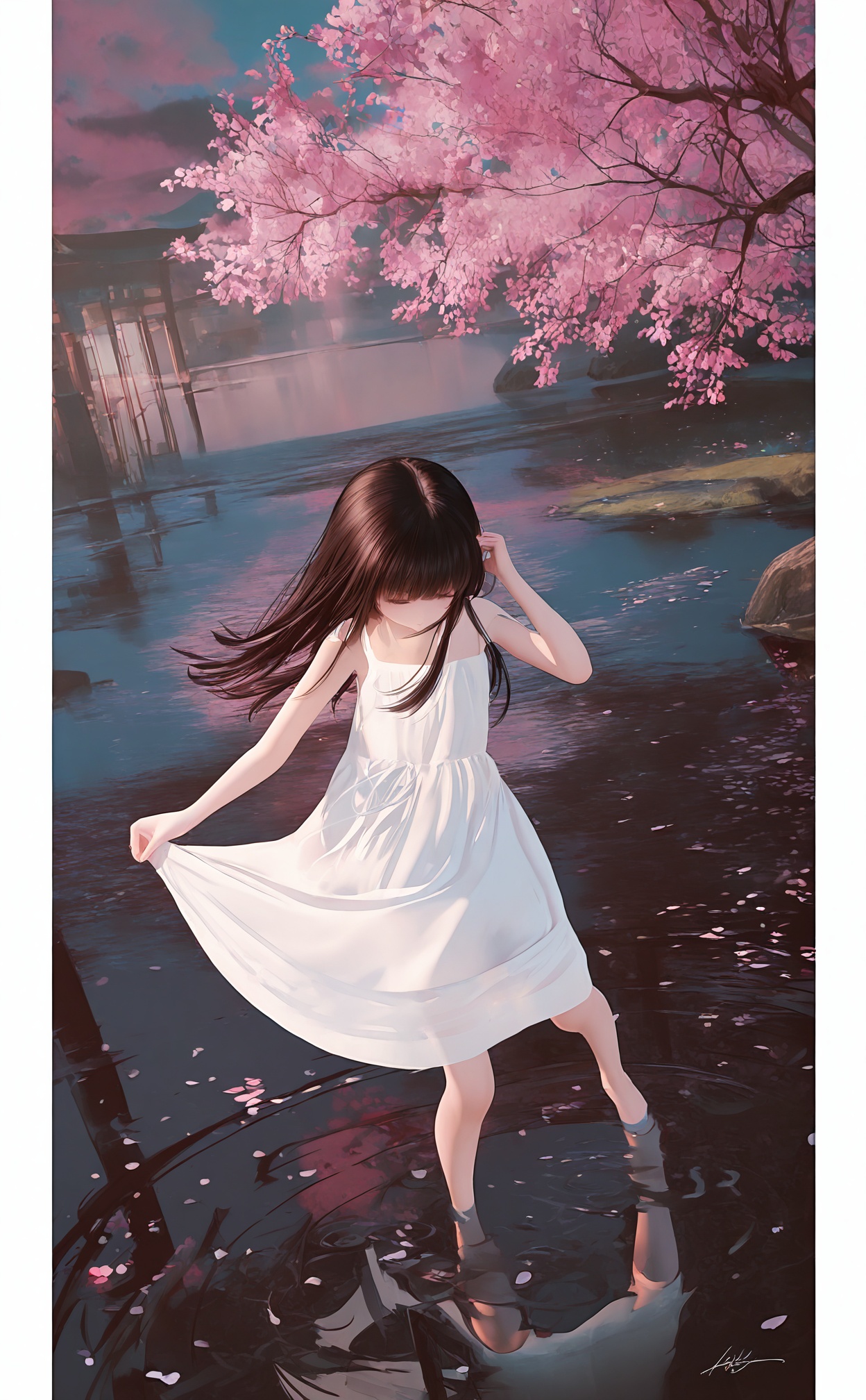 masterpiece,very aware,highres,absurdres,newest,best quality,loli,petite,high quality,chromatic_aberration,chromatic_aberration,cinematic_angle,dutch angle,//,1girl, long hair, black hair, dress, flower, barefoot, signature, water, white dress, petals, border, plant, white border, reflection, branch, ripples//,//,<lora:MMD3——【noob】hans:0.8>,