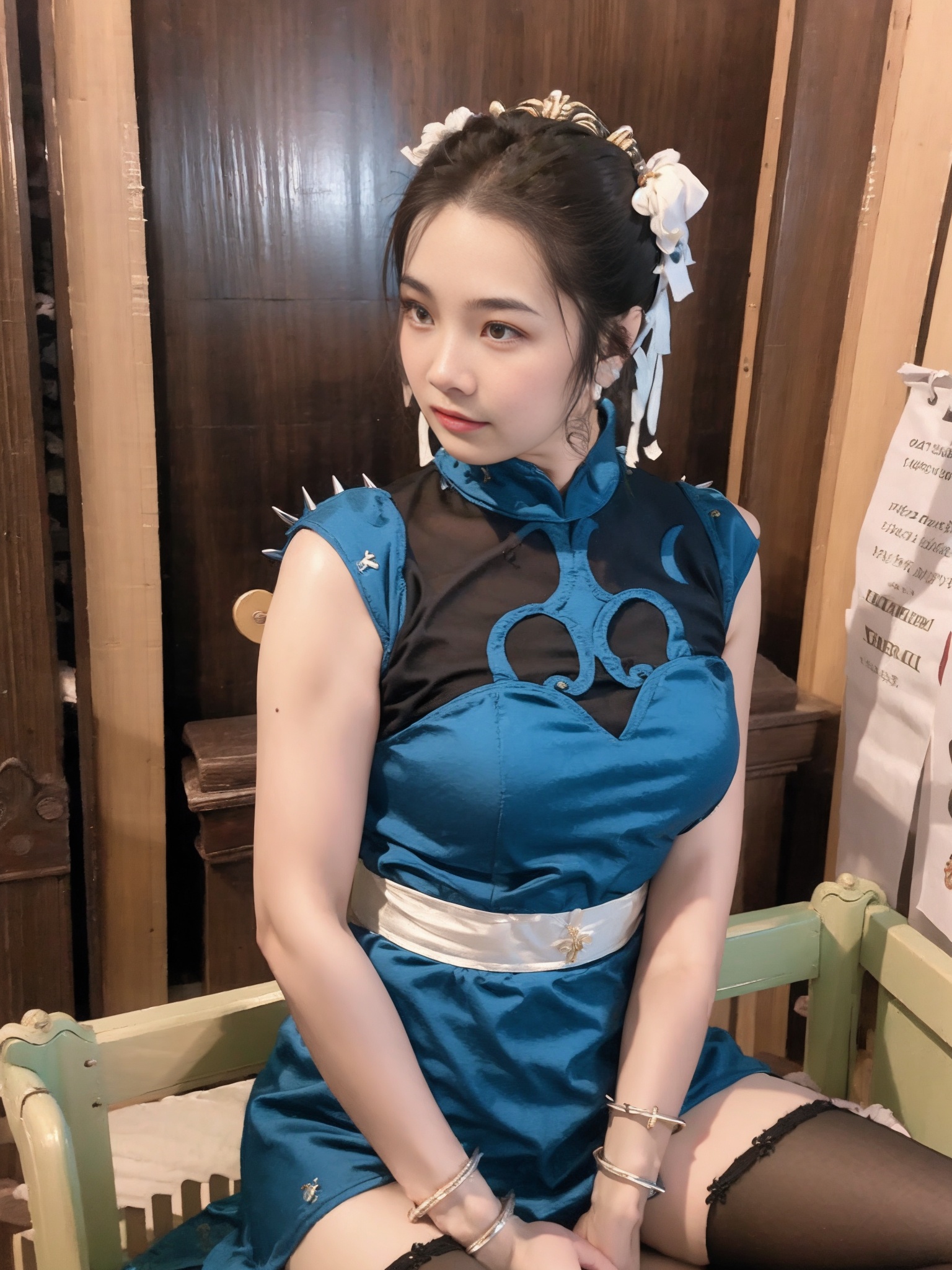 large break,(best quality), ((masterpiece)), (highres), illustration, original, extremely detailed, 1girl, solo, long hair, thighhighs, chun li, spiked bracelet, sash, brown pantyhose,brown eyes, short hair, brown hair, double bun, bun cover, blue dress, pelvic curtain