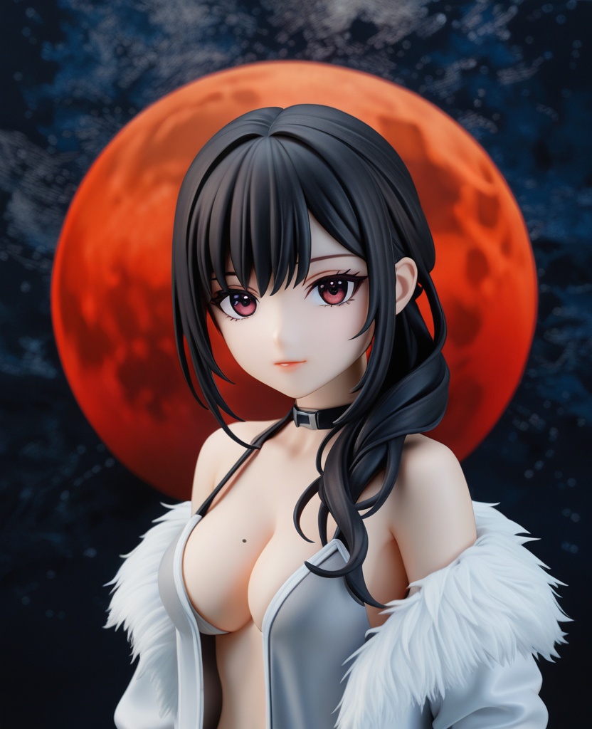 (,1girl, ,best quality, ),looking at viewer,  ,,ultra detailed background,ultra detailed background,ultra realistic 8k cg,, ,masterpiece, (( , )),, ,science fiction,mole, ,    ,red moon, black rose,     (cleavage), (),