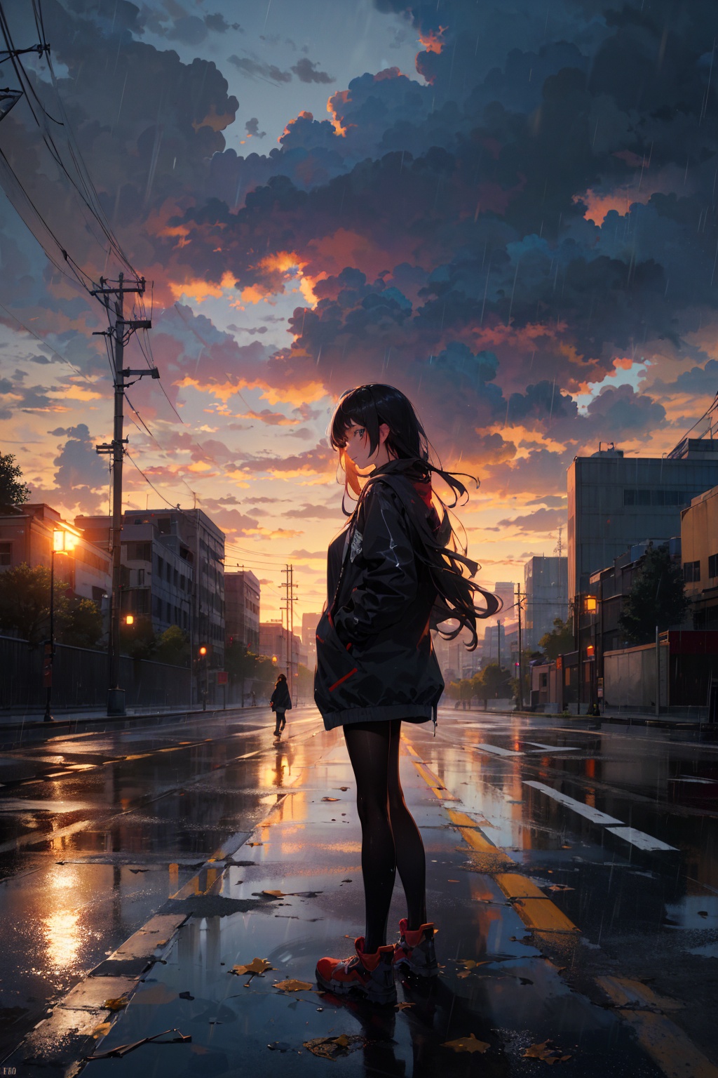 masterpiece,best quality,(ray tracing, cinematic lighting),ex-light,(central composition, Centered Composition and Symmetry:0.6),(back to camera:1.3),backlight,1girl,((solo)),black long hair,messy hair,jacket,pantyhose,rainy day,Cumulonimbus Cloud,(put hands in pockets),(outdoors, rain, sky, deserted streets, watered-down pavements, crossroad, fork in the road),tall buildings,bell towers,glass,reflections,streetlights,sunset,Tyndall Effect,