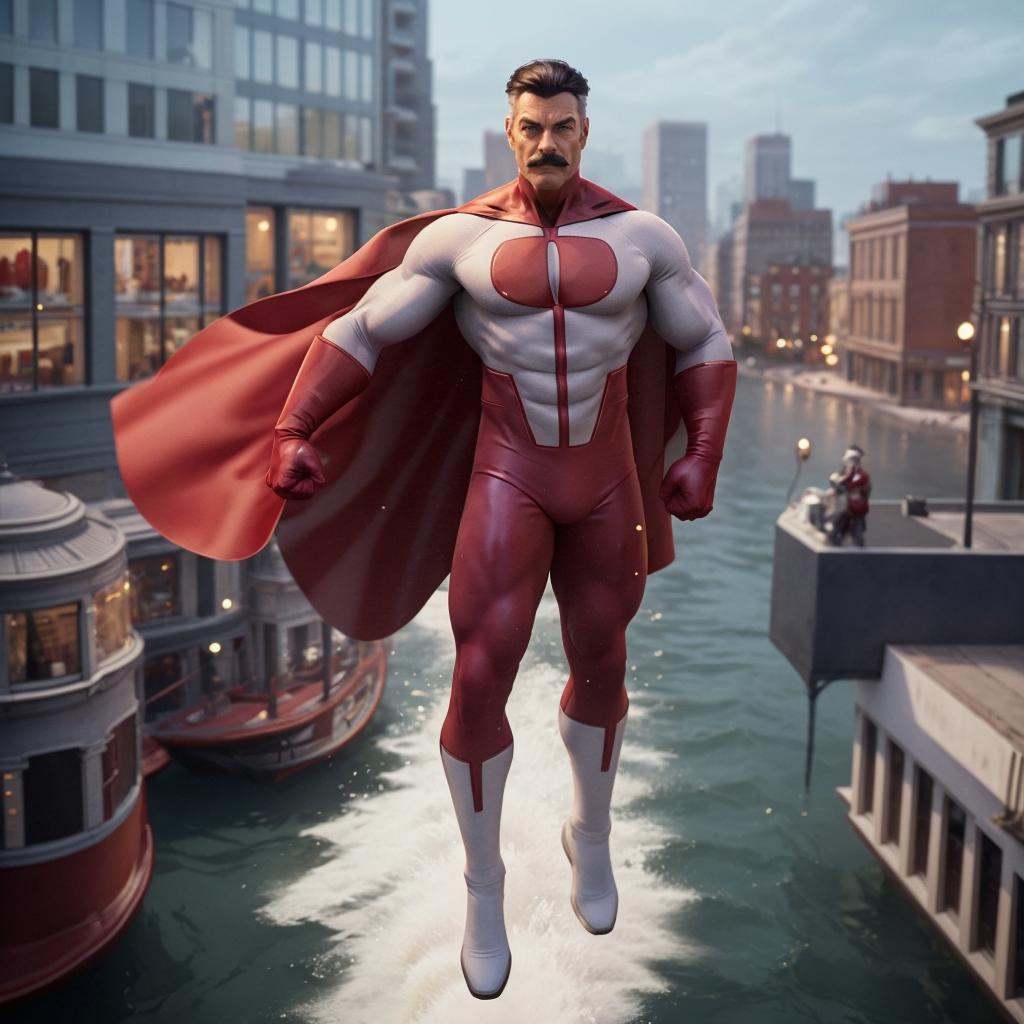 omniman2023, ink, moustache, white suit, red pants, red cape, grey, photorealistic, floating above city, flowing cape, arms crossed