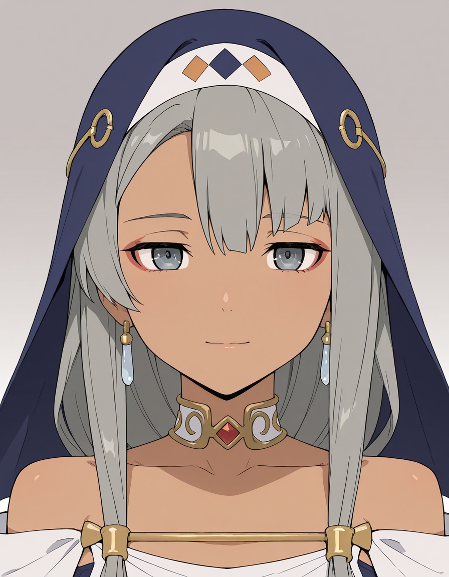 masterpiece, best quality, amazing quality, gradient background,1girl, looking at viewer, solo, upper body, portrait, straight-on, close-up, light smile,frenci mastibolt (yuusha-kei ni shosu), low-tied long hair, asymmetrical bangs, grey hair, sidelocks, hair tubes, (blue eyes:0.6), grey eyes, red eyeliner, dark-skinned female, teardrop earrings, collarbone,blue veil, white choker, two-sided cape, off-shoulder dress, white dress, red gem, <lora:frenci_mastibolt-yuusha_kei_ni_shosu_s1-v2-ixl-anime-soralz:1>