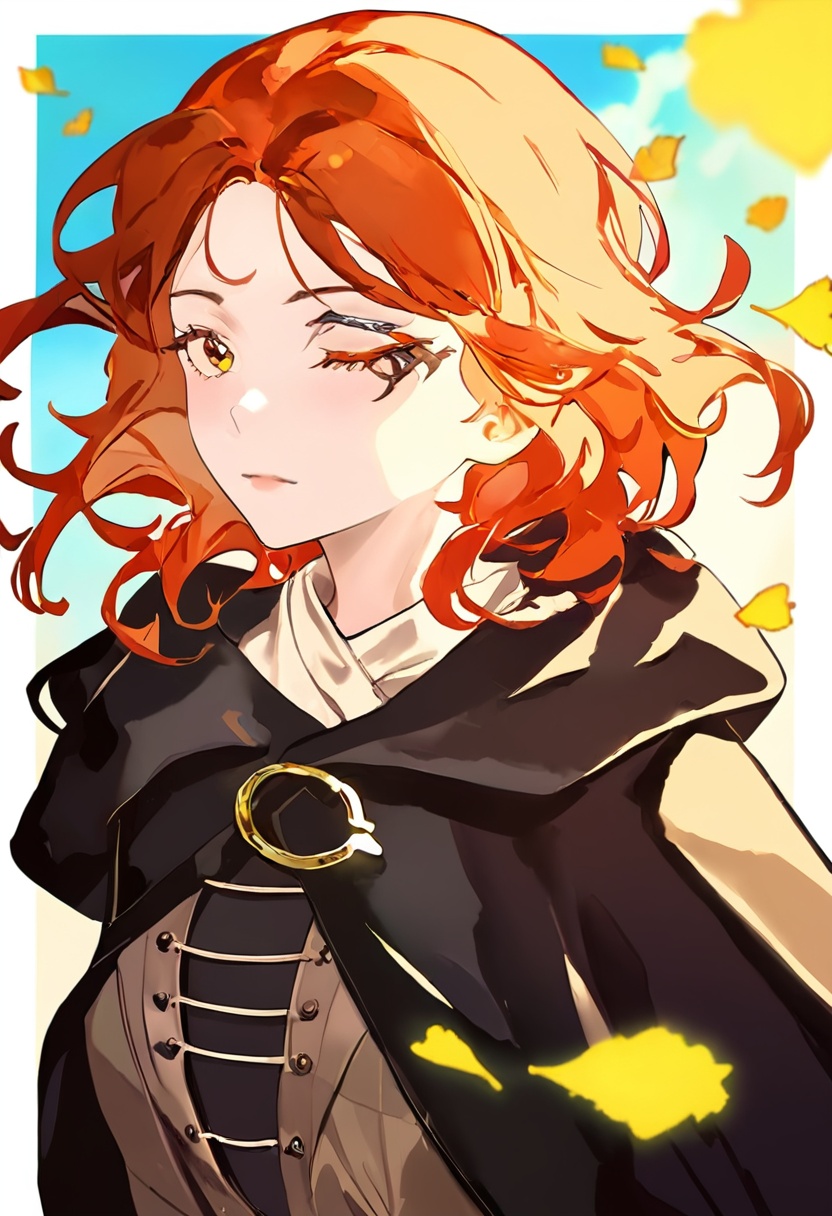 <lora:mln_v1.2-000016:1>, 1girl,short brown hair, yellow eyes, black facial tattoo, golden cloak clasp, one eye closed, brown elbow gloves, hooded cape, grey dress with corset, wind, upper body, closed mouth, hand up, falling leaves, leaf, blurry, white border, floating hair, animated character, side profile, windblown hair, autumn leaves, contemplative expression, artistic illustration, warm colors, anime styleask \(askzy\), torino aqua, migolu, (jiu ye sang:1.1), (rumoon:0.9), (mizumi zumi:1.1),masterpiece, best quality, newest, absurdres, nsfw, explicit