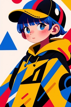 blue hair, blue eyes, short hair, hat, bangs, 1girl, upper body, looking at viewer, blunt bangs, baseball cap, triangle, black headwear, hood, no nose, hood down,Memphis,masterpiece,best,<lora:孟菲斯_Memphis:0.8>,