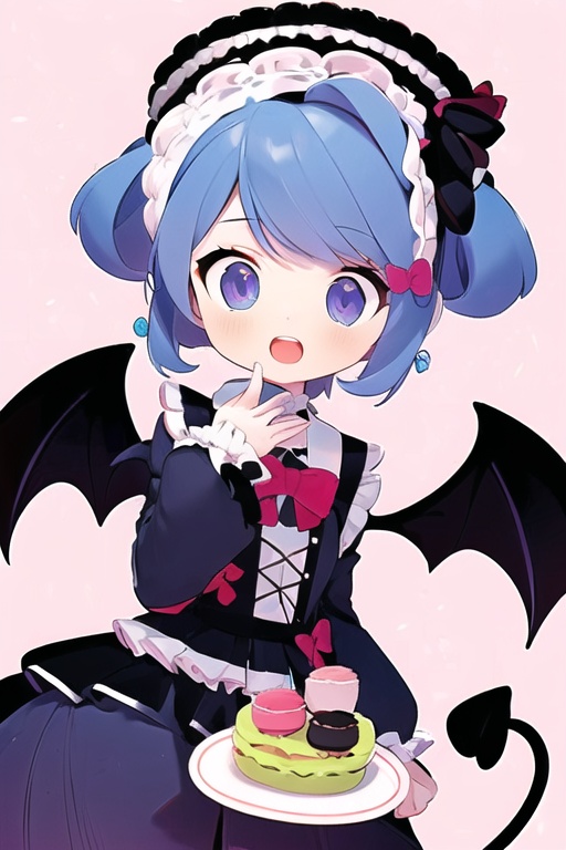 CH,high contrast,1Girl,solo,looking at the audience,blue blue smile,short hair,open mouth,bangs,black hair accessories,long sleeves,black and red Gothic Lolita,bow,holding,jewelry,headband,food,demon wings,demon tail,Lolita fashion,Gothic Lolita,Lolita headband,macaron,purple background,