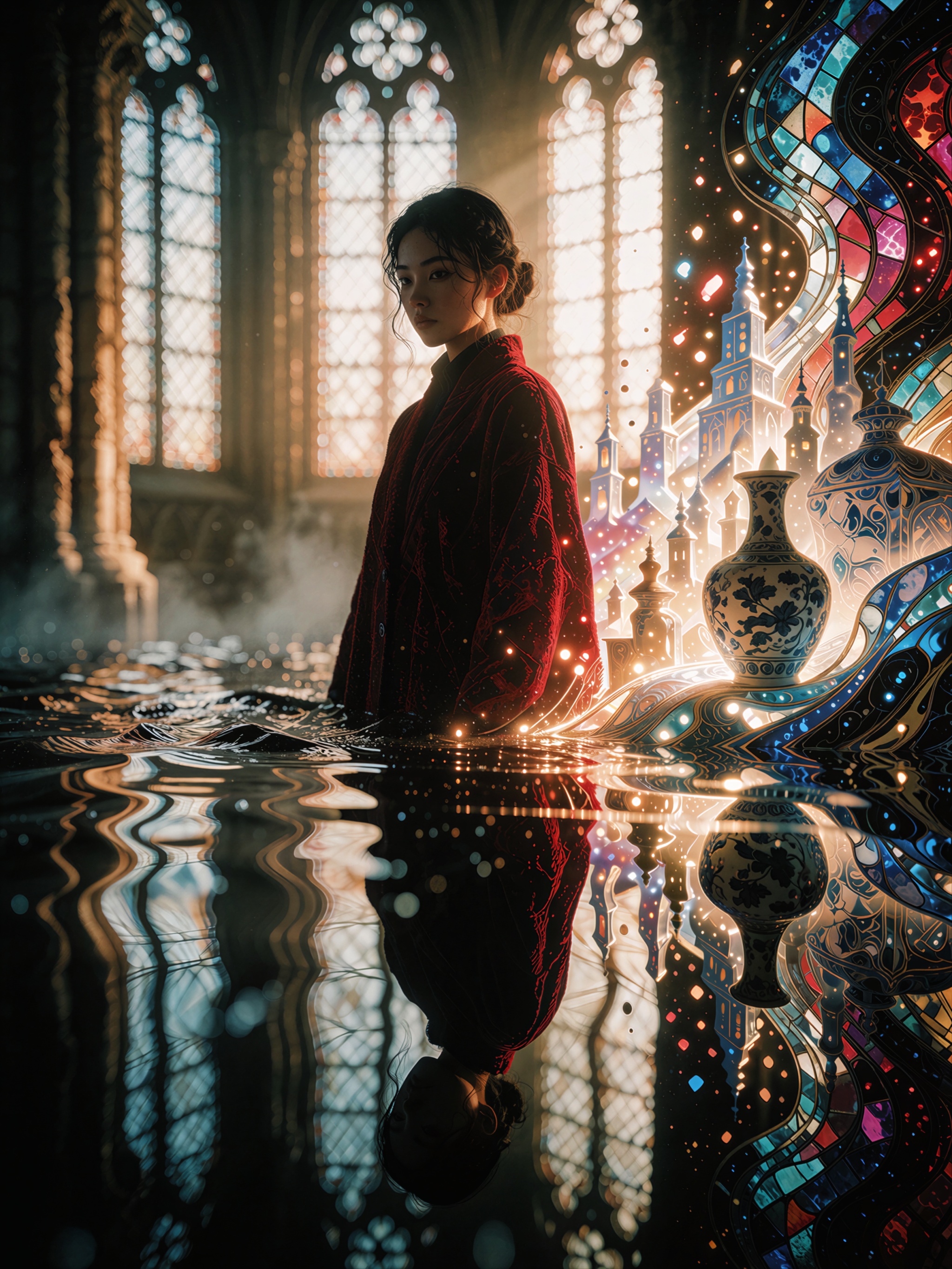 a young woman in a deep crimson coat standing inside a flooded cathedral at dawn,  her reflection unfolding into a luminou...