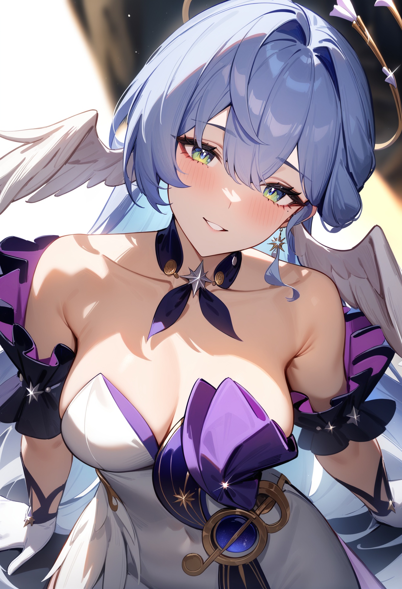 <lora:知更鸟a31:1>,a girl named robin,robin,1girl,strapless dress,bare shoulders,white gloves,halo,head wings,earrings,jewelry,, masterpiece, best quality, very aesthetic, absurdres