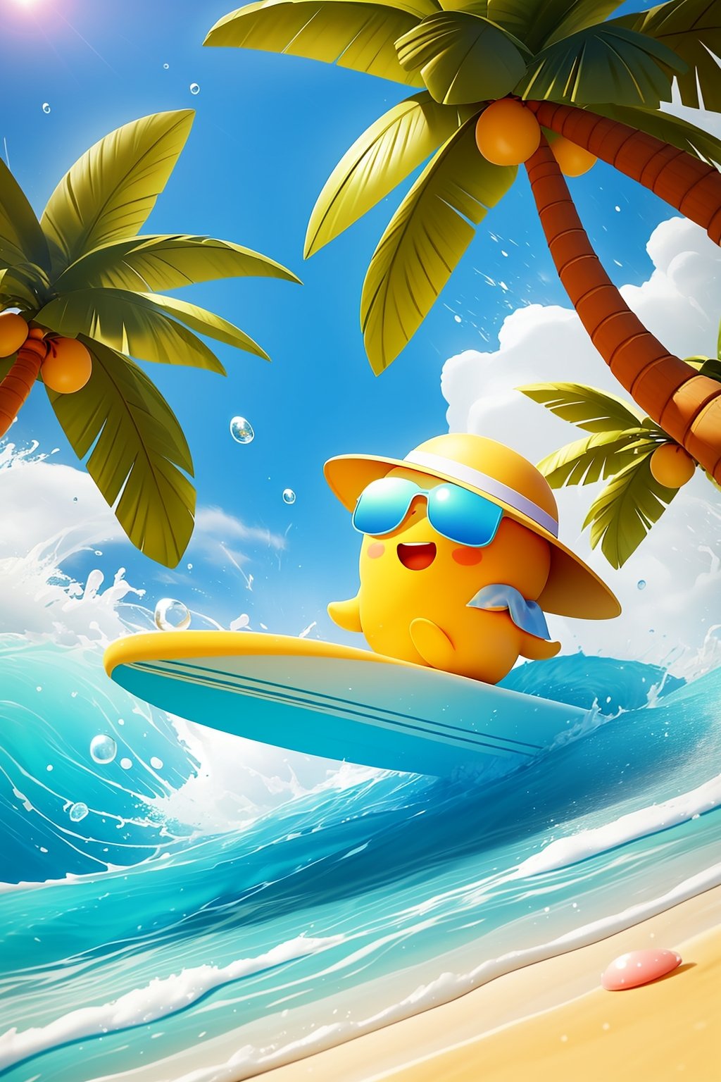 Sun hat, surfboard, coconut tree, bubble, beach, blue sky, depth of field, horizon, leaves, ocean, Open mouth, outdoors, palm tree, plant, flowerpot, sand, cloud, tree, water drop, Masterpiece, 16k, vr glasses, cape, Spray, lounge,<lora:冲浪芒果:0.6>,