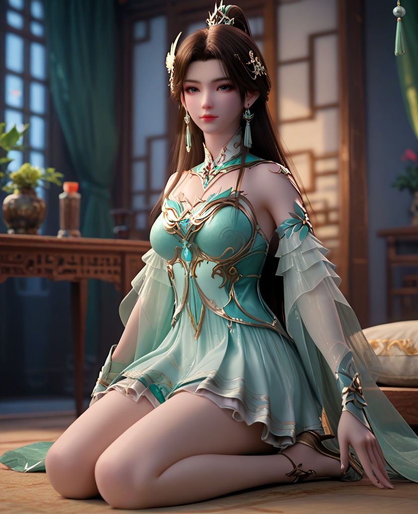 (oriental architecture, elegant decor, sophisticated style:1.1),(With one finger resting on her bottom lip and eyes half-closed, she portrays a sultry mystery that beckons closer inspection:1.1),looking at viewer,(breasts:1.2),<lora:XL16斗破苍穹古薰儿:0.95>,miss guxuner,celadon corset,aloes green miniskirt,gray eyes,pink eyeshadow,black hair,tiered high ponytail with long front strands,super long hair,hair ornament,earrings,jewelry,detached collar,green sash,sheer fabric overskirt,cyan fart curtain,spiral foot decoration,high heels,, score_9,score_8_up,score_7_up,score_6_up,score_5_up,score_4_up,3d rendering,tag1,tag2, Cinematic Lighting,backlighting,, zPDXL3, zPDXL2,zPDXL, zPDXLxxx, zPDXLrl,