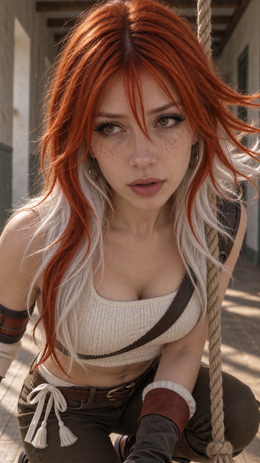 SonyaX,  red and white hair,  A photorealistic cinematic photograph of a 20-year-old ***** woman on Tensor.Art