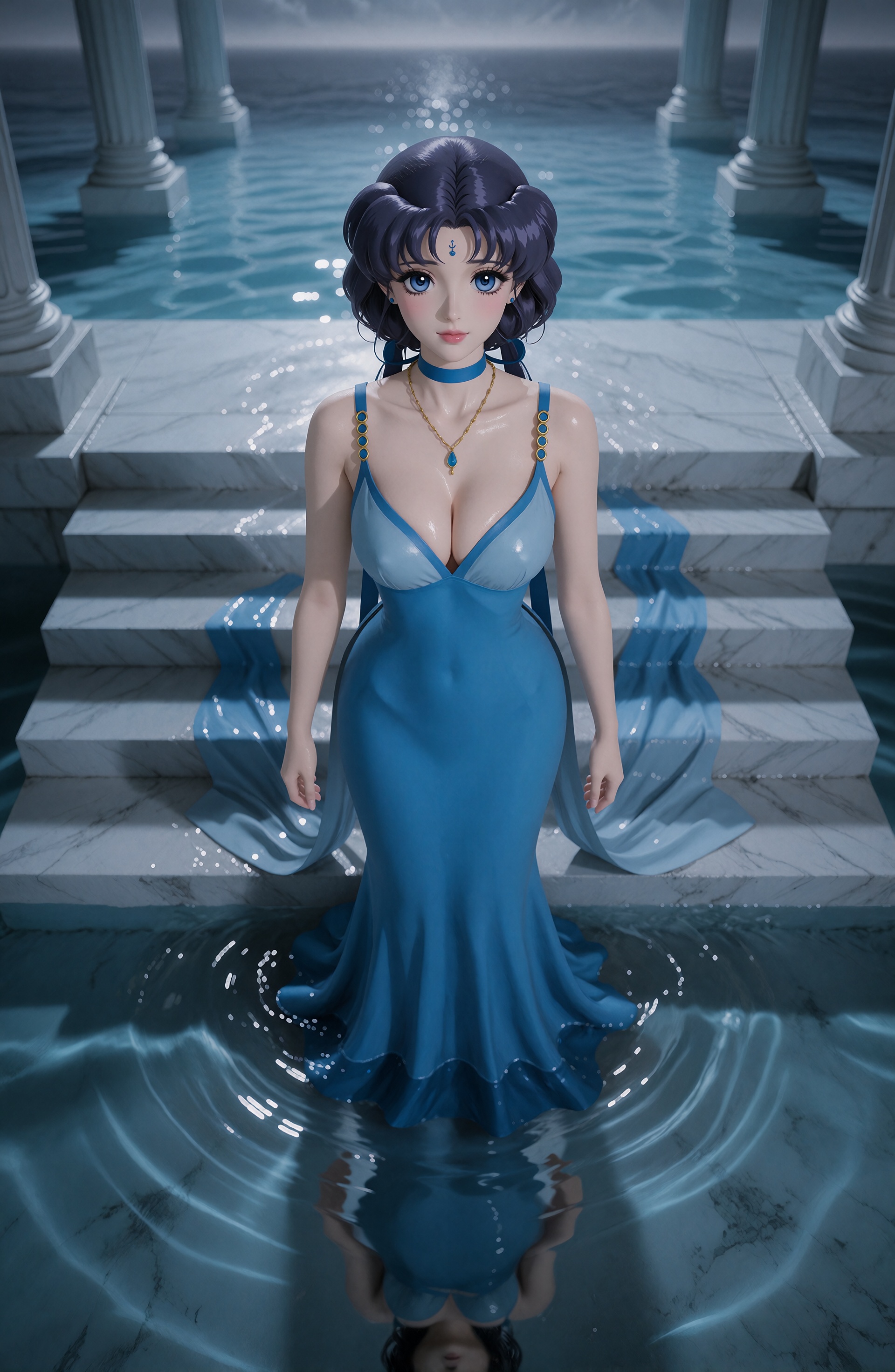 a photo-realistic shoot of an ***** mature asian woman called 水星公主.,  she is wearing a tight,  form-fitting blue dress wit...