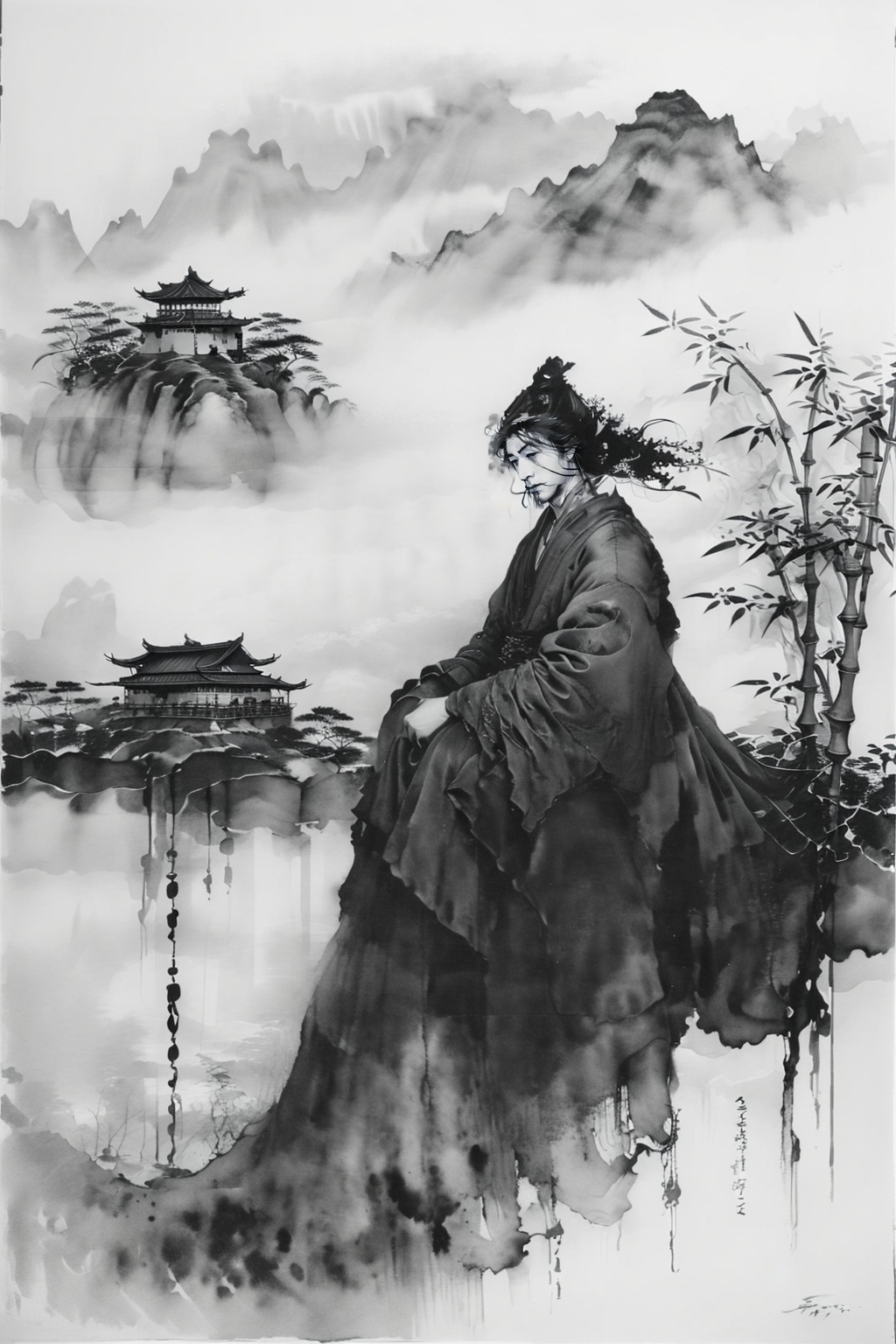 shuimo,<lora:**_v1.0:0.8>,1boy,solo,hermit master,bamboo grove small buildings,playing the qin and sipping tea,clouds and mist swirled around,landscape painting scroll,indifferent to fame and fortune,traditional ink painting,black and white tones,blank composition,profound perspective,grayscale,monochromatic photo,