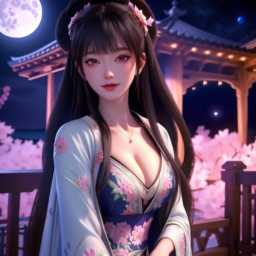 <lora:765-DA-金吾卫-刘小芷:0.8>, (,1girl, ,best quality, ),looking at viewer,  ,ultra detailed background,ultra detailed background,ultra realistic 8k cg,, ,masterpiece, (( , )),, ,   ,   cure blossom, full moon,night,night sky,  (cleavage),,  (), ,,