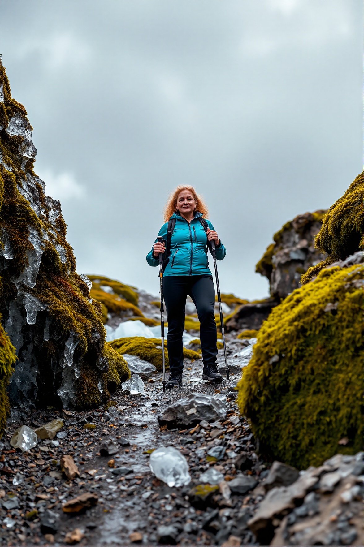 A slightly elevated viewpoint showcasing a confident woman of Caucasian descent in a turquoise jacket and black hiking pan...