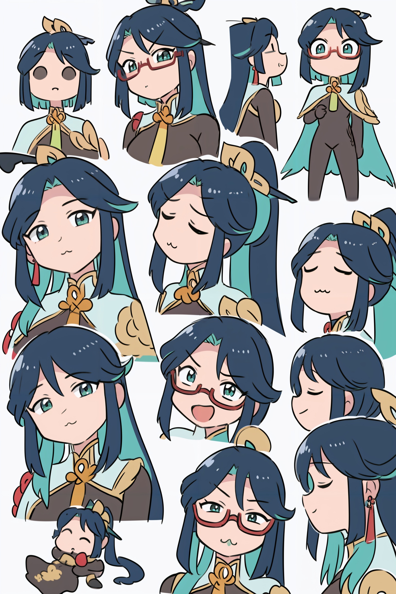 masterpiece, best quality, <lora:style05:1>,comic,board,(white background:1.2),(chibi:1.3),multiple view,face,smile,sad, open eyes,closed eyes, half-closed eyes, angry, ^_^,:3,  <lora:xianyun-v2:1.2>,multiple girls,(hair ornament:1.4),multicolored hair,very long hair, ponytail,green eyes,(red glasses:1.2),under-rim eyewear, earrings, tassel,jewelry, profile, bodysuit, capelet,