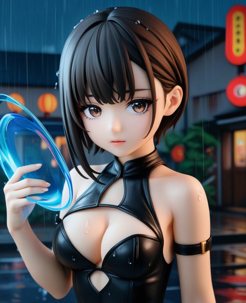 (,1girl, ,best quality, ),looking at viewer,masterpiece, (( , )),,ultra realistic 8k cg, ,      ,building, bare_shoulders,cleavage cutout, eyelashes,magic,hydrokinesis,sweat, wet, rain, ,       (cleavage), (),
