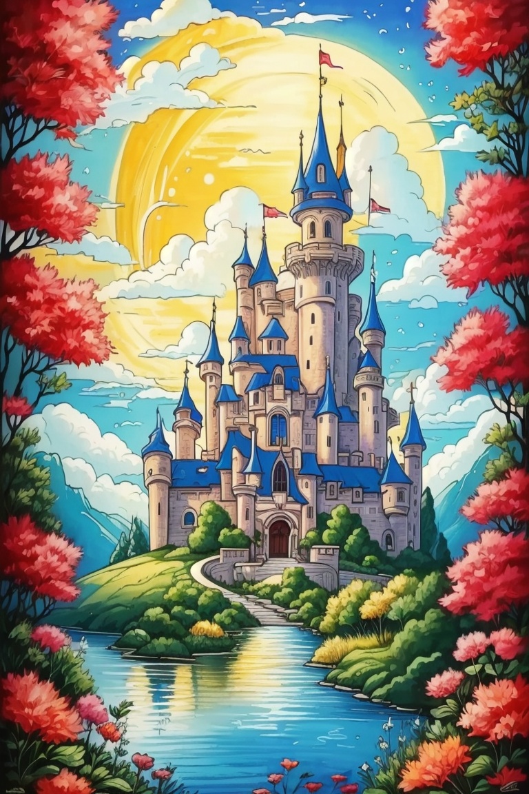 ((HRD, HUD, 8K)),((masterpiece, best quality)), highly detailed, soft light,Castle, no humans, moon, castle, cloud, sky, flower, water, tower, scenery, tree, red flower, full moon, outdoors, <lora:20240404-1712222230686:0.9>