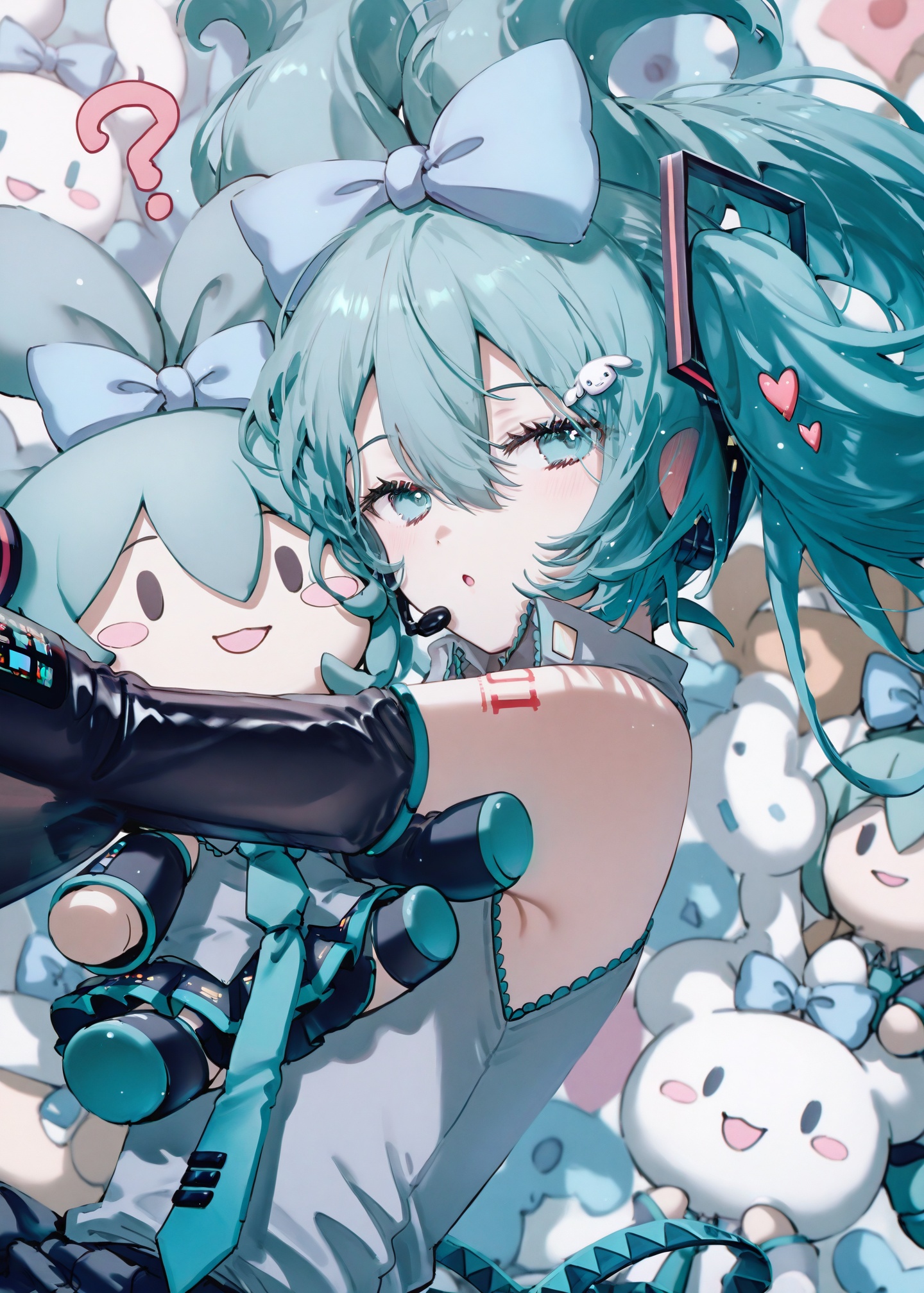 masterpiece,absurdres,best quality,petite,high quality,//,hatsune_miku,1girl,solo,cinnamoroll,character_doll,bow,?,shirt,hair_bow,necktie,looking_at_viewer,hair_ornament,detached_sleeves,aqua_necktie,heart,long_hair,aqua_eyes,number_tattoo,black_sleeves,sleeveless_shirt,bare_shoulders,aqua_hair,twintails,sleeveless,upper_body,blue_bow,hair_between_eyes,tattoo,skirt,hugging_object,:o,updo,fish_hair_ornament,holding_doll,miku_day,open_mouth,black_skirt,headset,heart_hair_ornament,arm_tattoo,grey_shirt,stuffed_toy,collared_shirt,blue_necktie,headphones,hugging_doll,parted_lips,belt,//,<lora:konya_karasue2——【CKXL】hans:0.85>,