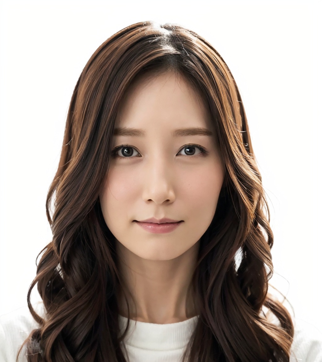 <lora:aki-000010:0.85>,aki,(portrait),realistic,1girl,solo,(wavy long hair:1.2),(looking at viewer),light_smile,(closed mouth:1.3),white_sweater,(white background:1.3),