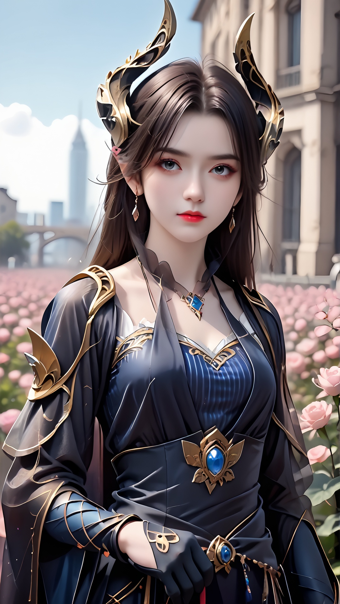 The image is a digital illustration of a young woman with long dark hair and a fierce expression on her face. She is wearing a blue and gold outfit with a high neckline and long sleeves. The outfit is made of a dark blue fabric with gold accents and has a gold necklace with a blue gemstone in the center. The woman is also wearing a pair of gold horns on her head, which are intricately designed with curved lines and sharp edges. She has long black gloves on her hands and is holding a sword in her right hand. The background is blurred, but it appears to be a cityscape with buildings and pink rose petals scattered around. The overall mood of the image is dark and mysterious.<lora:pony曹颖:0.8>,