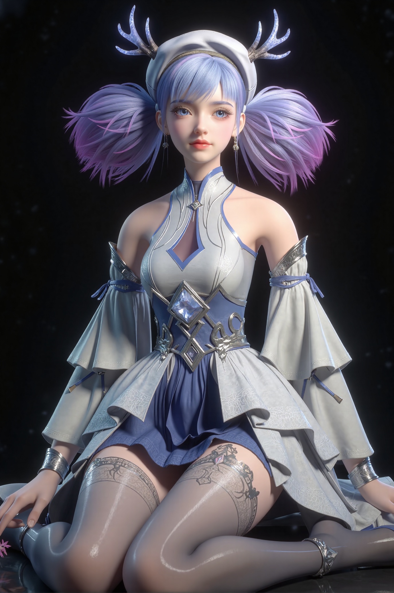 Tutu Aurora 8D Pantyhose (the name is a trigger word), Generate a full-body, highly detailed image of Xiaolu — a female character inspired by East Asian aesthetics. She has long purple hair styled in twin tails or pigtails, some strands are lavender with purple tips, others dyed blue or pink. Her bangs frame her face and flow naturally as she sits calmly. She wears a white and silver futuristic fantasy outfit: a high-collar dress with off-shoulder sleeves, a frilly skirt, and thigh-high stockings. Accessories include an ornate headpiece, feather-adorned hat, silver choker, large earrings, and intricate jewelry with elaborate patterns. Her expression is serene, with a gentle aura, adding a sense of peace and elegance to the scene. The setting features a simple black background that highlights her form and outfit details. In one hand or nearby, she holds a delicate branch adorned with small flowers. The style blends gufeng (ancient Chinese aesthetic) elements with futuristic fashion, creating an outstanding and dimensional look without compromising detail. The image should emphasize close-up details like fabric texture, jewelry, and facial expression, while maintaining a full-body composition. Tutu Aurora 8D Pantyhose