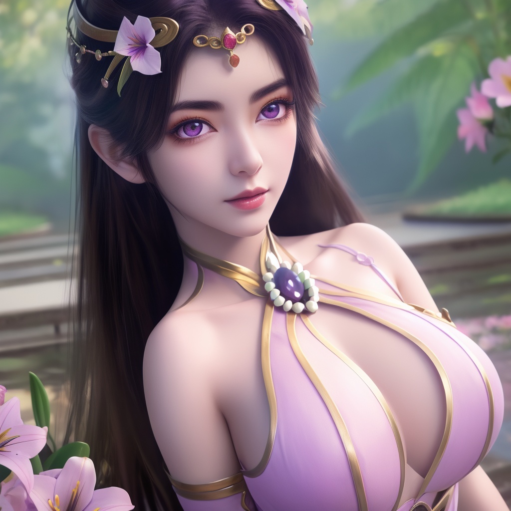 <lora:780-DA-神澜奇域-主持人:0.8>, (,1girl, ,best quality, ),looking at viewer,  ,ultra detailed 8k cg,ultra detailed background,ultra realistic 8k cg,1girl, solo,(bare shoulders:0.85),(masterpiece, best quality),((oil painting style)),sexy young lady,(beautiful face and eyes),(upper body:1.5),(whole body:1.05),(single person:1.2),surrounded by flowers, (lily), roses, floret, vegetation, white, purple, purplish pink,Impressionism,colorful,(Breast size:1.3),(cleavage),, butterfly,