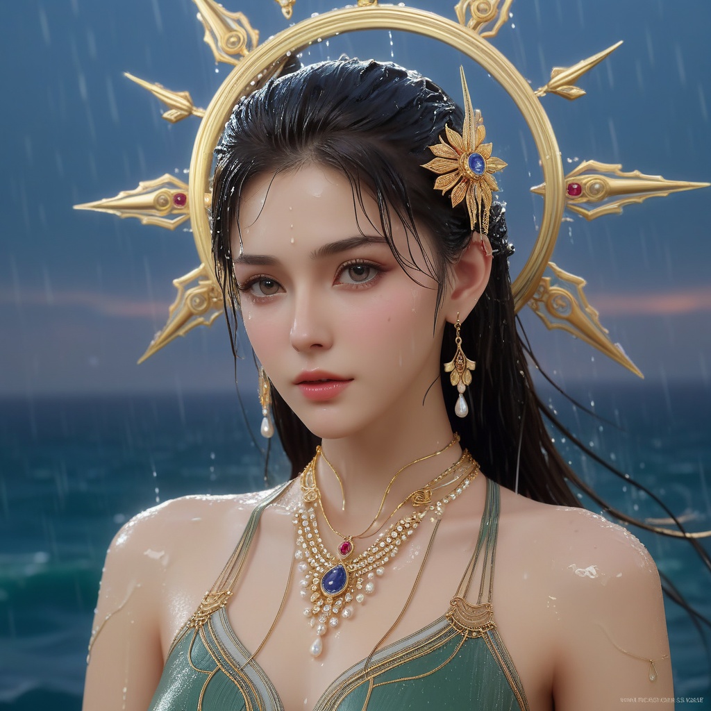 <lora:648-DA-XL-遮天-狠人大帝:0.8>(,1girl, ,best quality, ),looking at viewer, ,ultra detailed 8k cg, ultra detailed background, ultra realistic 8k cg,  ,masterpiece((((1girl, solo,  , ,solo focus, wet,sweat, ocean,rain, water drop, )))) (, , sweatdrop, flying sweatdrops, sweating profusely,colorful drop \(module\), )   clean, masterpiece,     cinematic lighting, cinematic bloom,   , unreal, science fiction, luxury, jewelry, diamond, gold, pearl, gem, sapphire, ruby, emerald, intricate detail, delicate pattern, charming, alluring, seductive, erotic, enchanting, hair ornament, necklace, earrings, bracelet, armlet,halo,