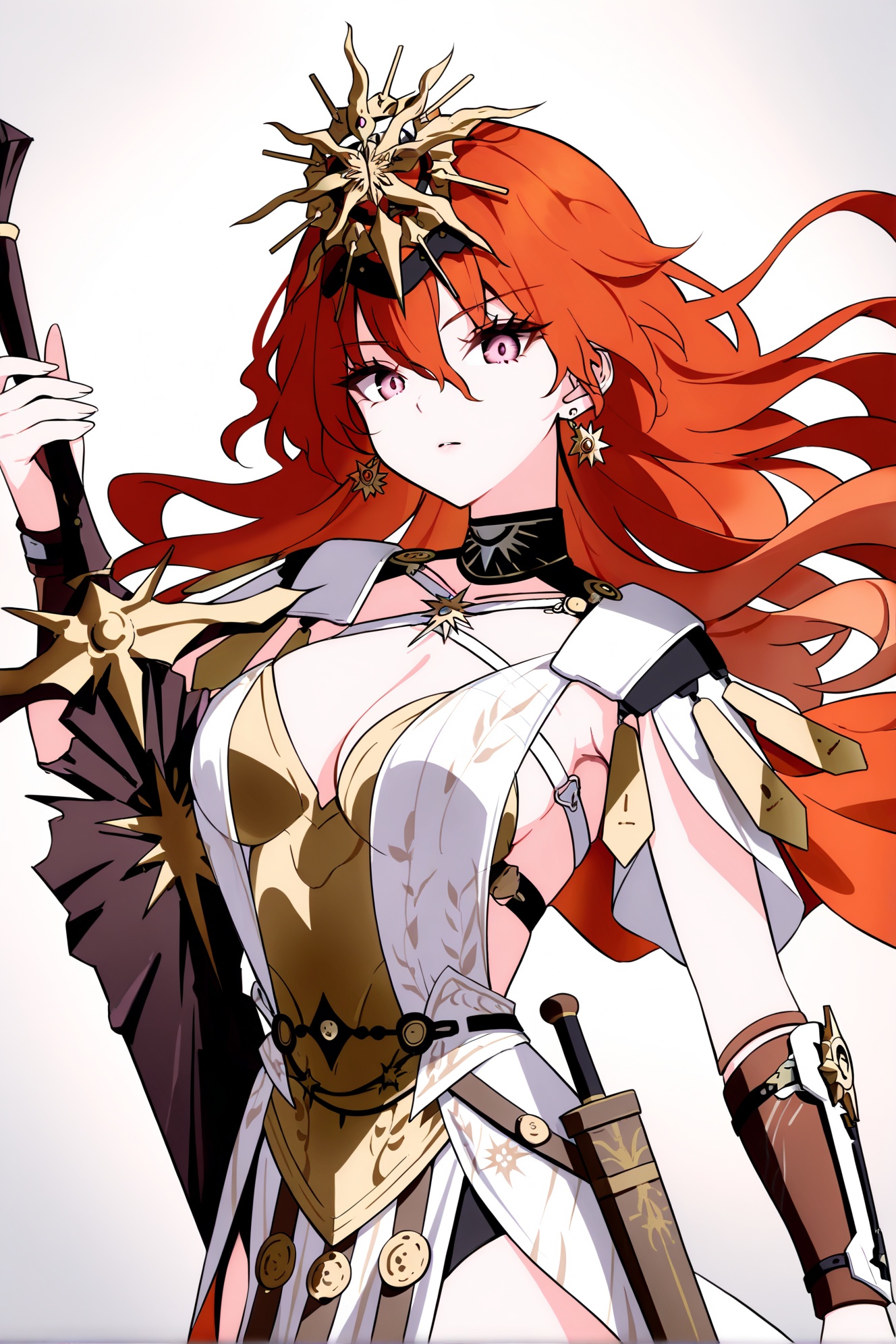 ovc,meiheyeragu,augusta\(Wuthering Waves\),1girl,long hair,weapon,solo,breasts,holding,orange hair,red hair,sword,jewelry,holding weapon,looking at viewer,mace,cleavage,armor,large breasts,cape,dress,