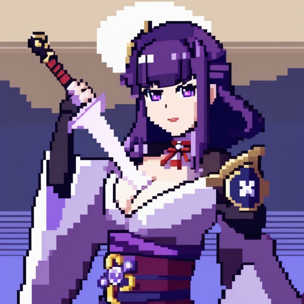 pixel-art Raiden_shogun is pulling a blade from her chest,masterpiece,best quality,<lora:raidenxl3-8-000012:0.6>, . low-res, blocky, pixel art style, 8-bit graphics
