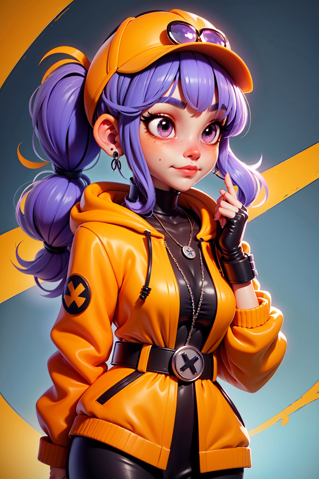 1girl, solo, twintails, jacket, hat, jewelry, mask, earrings, baseball cap, bangs, looking at viewer, v, mouth mask, gloves, orange background, blue nails, nail polish, fingerless gloves, hood, purple hair, upper body, simple background, yellow jacket, ear piercing, piercing, blue hair, belt, yellow background, long sleeves, blunt bangs, hand up, drawstring, hood down, ring, masterpiece,best quality,