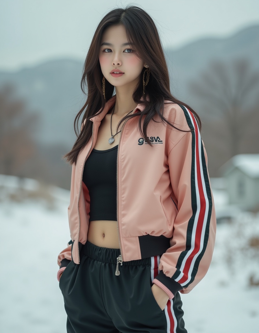 a real picture of a south korea woman,In Cropped windbreaker and track pants with side snaps,