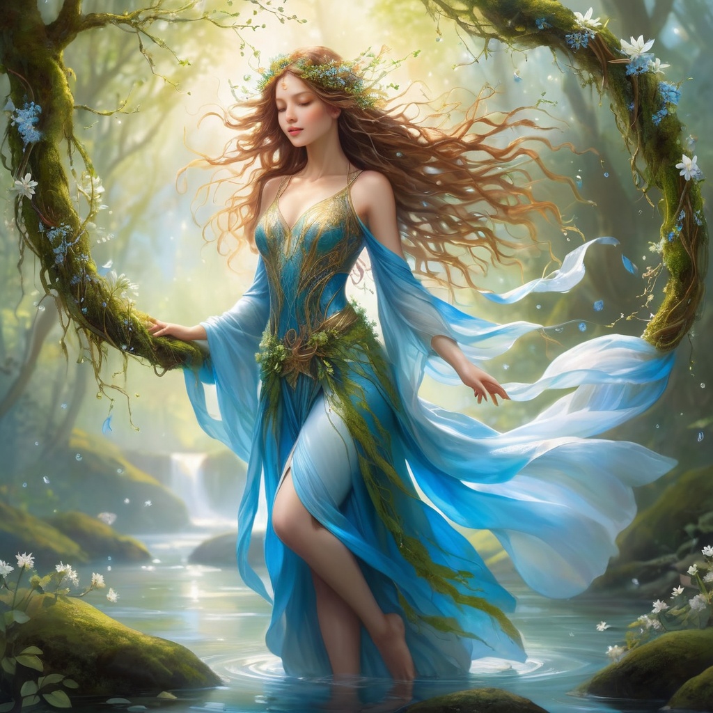 Envision a full body shot of a girl,  a breathtaking embodiment of nature's splendor. Her figure is a delicate yet powerfu...