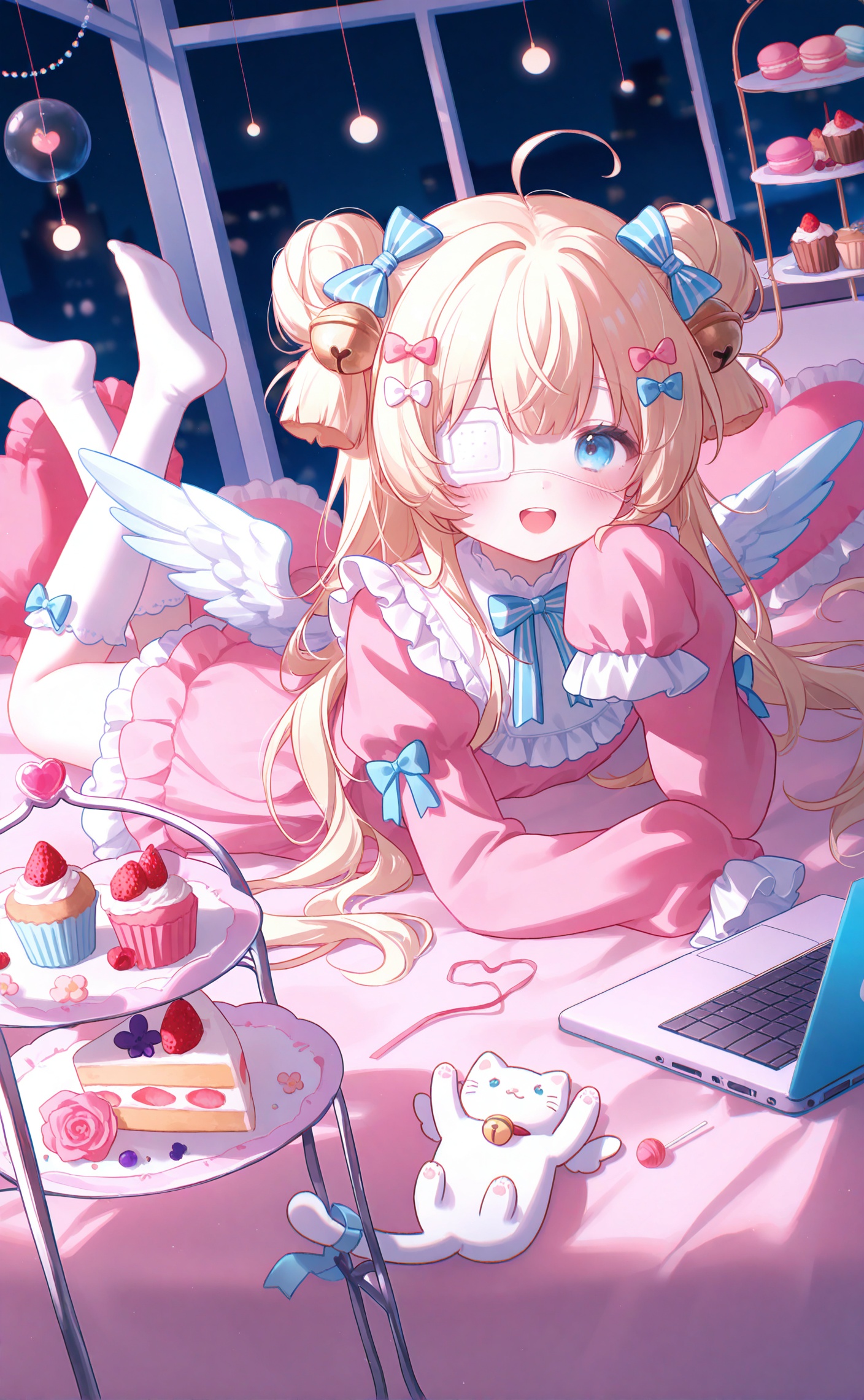 masterpiece,very aware,highres,absurdres,newest,best quality,loli,petite,high quality,chromatic_aberration,cinematic_angle,dutch angle,night,//,umehara,konya666,//,1girl,frilled pillow,macaron,rose,sleeves past wrists,bell,eyepatch,food,bow,cake,blue eyes,hair bow,frills,sleeves past fingers,blue bow,jingle bell,pillow,:d,red rose,hair bun,long sleeves,puffy sleeves,blonde hair,flower,socks,white wings,solo,no shoes,smile,laptop,on stomach,red flower,strawberry,double bun,hair bell,stuffed animal,computer,soles,swirl lollipop,lying,pink rose,heart-shaped pillow,medical eyepatch,stuffed toy,the pose,heart,wings,cake slice,feathered wings,dress,cat,candy,looking at viewer,open mouth,pink flower,stuffed cat,hair ornament,fruit,indoors,skirt,kneehighs,tiered tray,depth of field,shirt,pink dress,blurry background,candy wrapper,pink skirt,blurry,animal,window,lollipop,teeth,cupcake,mini wings,juliet sleeves,short over long sleeves,white socks,frilled skirt,hand up,white bow,frilled dress,upper teeth only,ribbon trim,blush,striped bow,