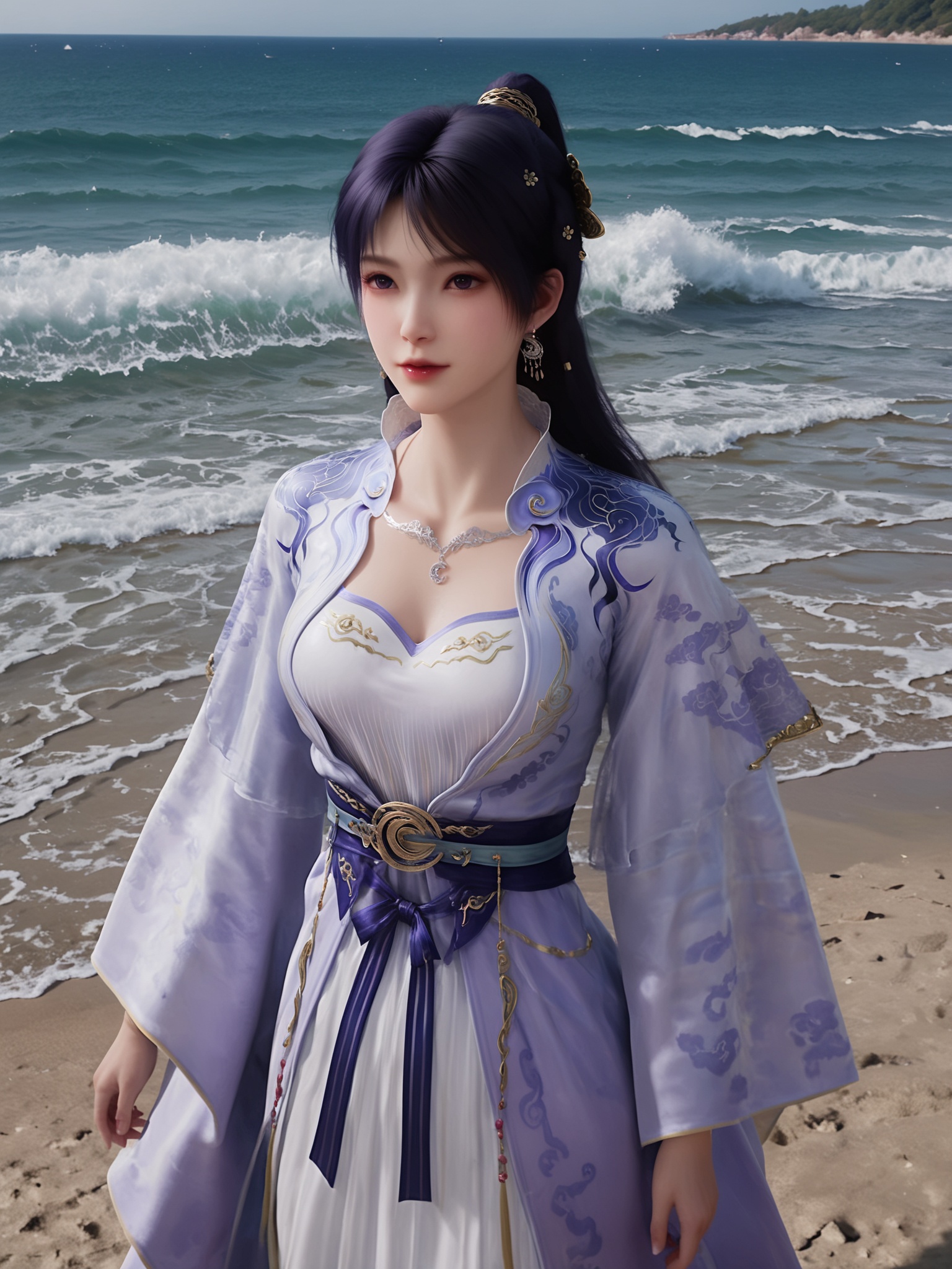 realistic style photo outstanding style,tall,cute,in her teens. Use soft lighting to cast gentle shadows on the subject,adding a touch of dimension to your images without compromising details,score_9,score_8_up,score_7_up,Seaside,beach,waves,<lora:姬紫月-云纹紫衣Pony:0.7>,long,dark hair is styled in an intricate updo,adorned with small,delicate flowers,wears a flowing,intricately designed robe in shades of white and pale purple.robe has a fitted bodice,a flowing skirt that reaches her ankles,