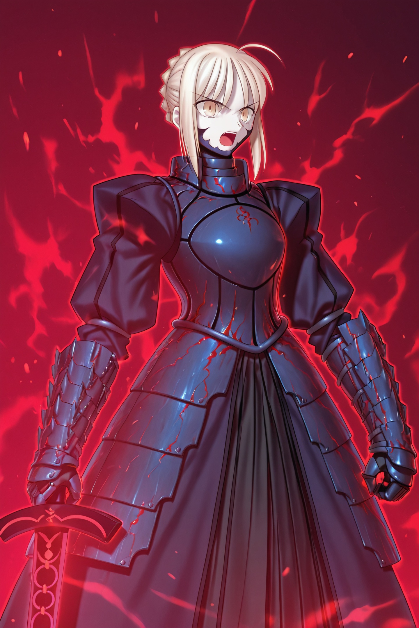 Fate stay night Style,1girl,artoria pendragon \(fate\),saber alter,solo,armor,excalibur morgan \(fate\),blonde hair,weapon,sword,armored dress,gauntlets,dress,open mouth,<lora:Fate stay night_illustriousXL:1>,