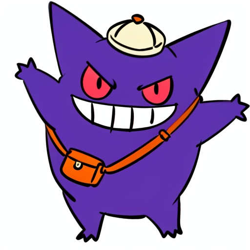 gengar,anime,(front view),pointed ears,red eyes,spiky hair,fat body,three fingers,three toes,purple body,no humans,red sclera,tail,pokemon (creature),smile,simple background,((white background)),grin,full body,solo,bag,standing,wearing a hat,hat,((carrying a shoulder bag)),bag,open mouth,teeth,hands up,looking at viewer,<lora:pokemon_gengar:0.8>,cute,