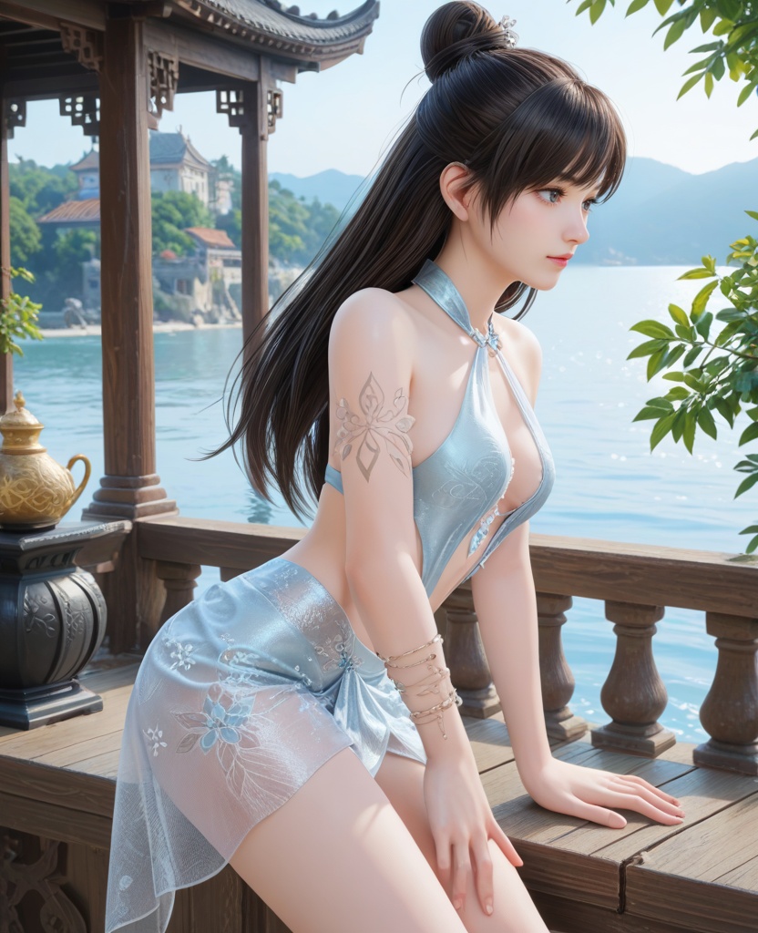 (oriental architecture, elegant decor, sophisticated style:1.1),(Sitting on a windowsill, legs dangling outside, lost in thought,:1.1),(breasts:1.2),<lora:XL16永劫无间顾清寒仲夏霜华:0.95>,miss guqinghan,glacial bikini set,sheer beach sarong with frost patterns,black hair,half-up crown updo with long cascading hair,navel,armlet,ocean,, score_9,score_8_up,score_7_up,score_6_up,score_5_up,score_4_up,3d rendering,tag1,tag2, Cinematic Lighting,backlighting,