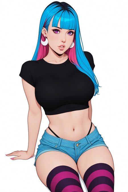 1girl, solo, multicolored_hair, thighhighs, pink_hair, breasts, bangs, navel, looking_at_viewer, striped_thighhighs, long_hair, striped, large_breasts, parted_lips, midriff, crop_top, earrings, simple_background, jewelry, purple_eyes, lips, blue_hair, blunt_bangs, shirt, two-tone_hair, short_sleeves, sitting, underwear, shorts, panties, black_shirt