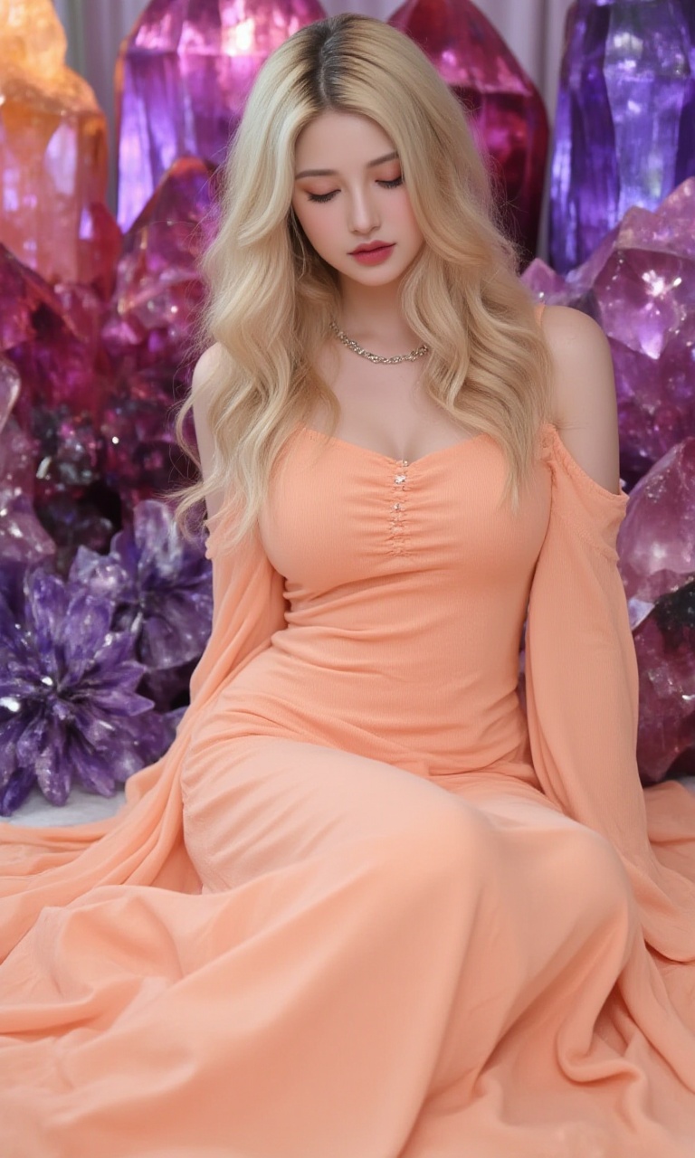 "The image features a young woman elegantly dressed in a peach-colored dress, surrounded by large, vividly colored crystals which vary in shades of purple and pink. She is seen sitting with a serene expression, her eyes gently closed, suggesting a moment of peaceful contemplation or reverie. Her long, flowing blonde hair and the soft, ruffled texture of her dress add a touch of grace and tenderness to the scene. The juxtaposition of the soft fabric against the sharp, natural geometry of the crystals creates a compelling contrast, emphasizing themes of beauty and tranquility amidst a fantastical setting. The overall ambiance is dreamlike and ethereal, with a predominant color palette of soft peach and various shades of purple and pink." <lora:网图-MYH-2:0.9>