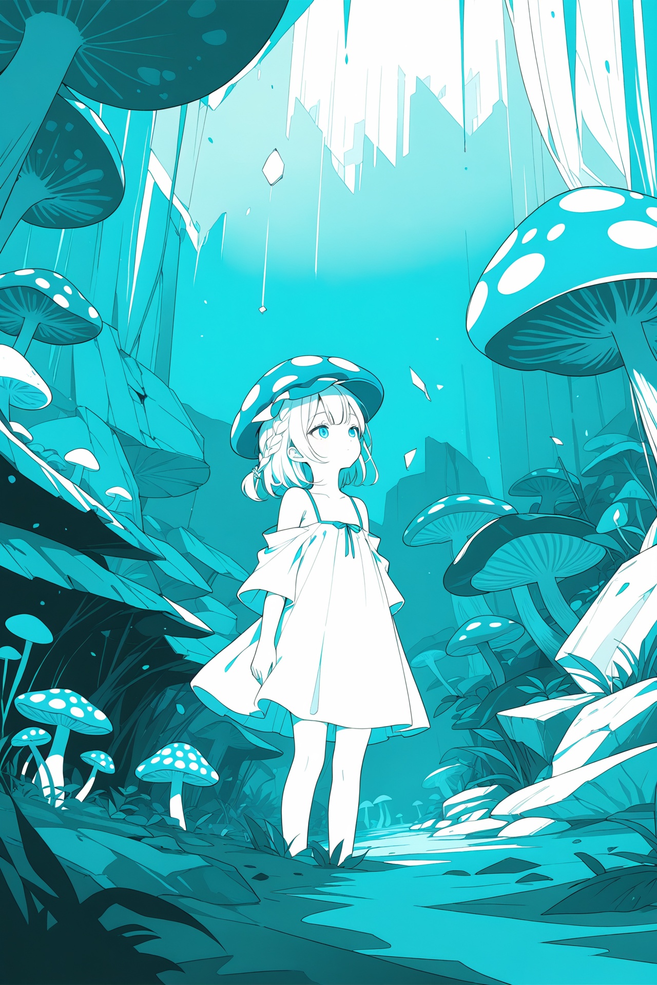 (masterpiece),(best quality),illustration,ultra detailed,hdr,Depth of field,(colorful),loli,1girl,bare shoulders,cold theme,broken glass,broken wall,aqua theme,white hair,blinking,white dress,closed mouth,constel lation,flat color,braid,blinking,white robe,float,closed mouth,constel lation,flat color,looking up,standing,medium hair,standing,solo,In the mushroom forest,wearing (mushroom hats:1.3),big mushroom hats,spotted mushroom hats,lots of white spots,