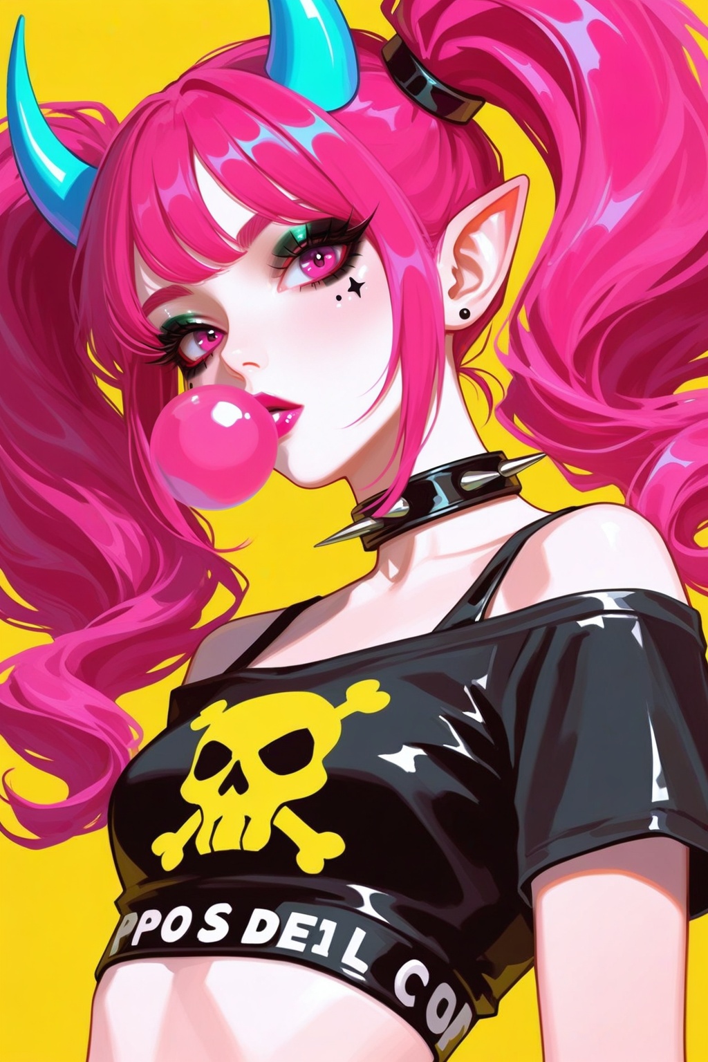 1girl,  bright bubblegum pink hair in twin tails,  cyan devil horns by MissFidonyo on Tensor.Art