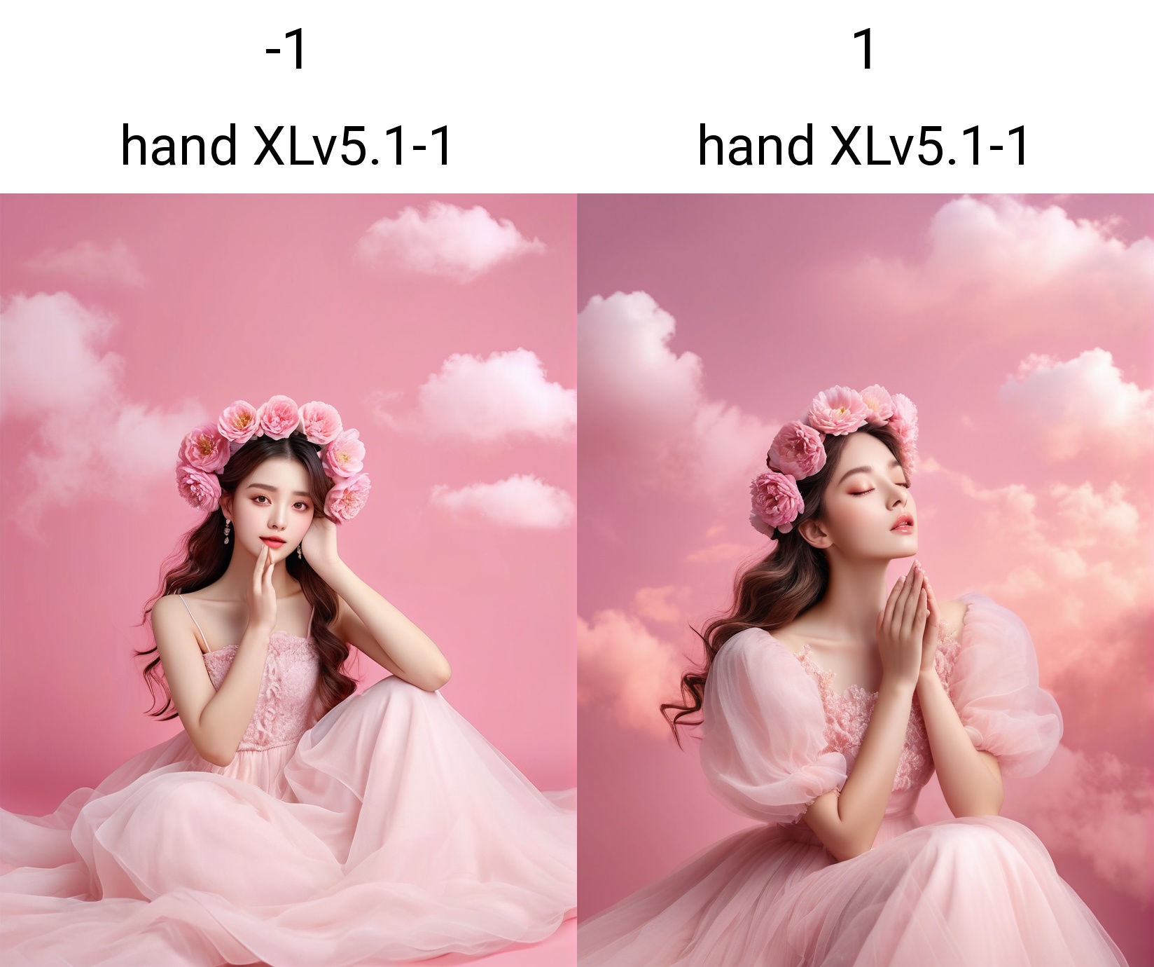 A girl is holding pink flowers and blowing them, surrounded by white clouds, wearing a long gauzy dress, against a pink background in a fairy tale style, with a pink tone and high-definition photography, exquisite details, and a clean, solid color background with a pink halo effect. The hand touching the face creates an atmosphere of romance. 8K, high definition wallpaper, high resolution., <lora:hand XLv5.1-1:-1>,