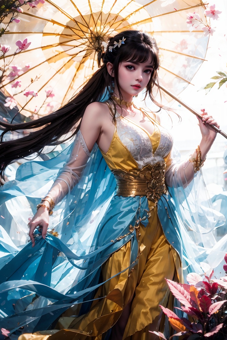 cheng,1girl,solo,(upper body:1.3),Medium boobs,large breasts,long hair,black hair,long sleeves,dress,holding,jewelry,standing,full body,ponytail,necklace,high heels,looking to the side,yellow dress,umbrella,beads,outstretched hand,holding umbrella,masterpiece,best quality,official art,unity 8k wallpaper,Brilliant colors,exaggerated art,,<lora:20240614-1718346849273:0.8>