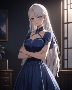 very aesthetic,source_anime,highres absurdres,masterpiece,bestquality,higher quality,best quality,Volumetric Lighting,moody lighting,Cinematic Lighting,blush,<lora:nailin-asoul-a3a:0.5>,1girl,blue eyes,long hair,solo,cowboy_shot,asymmetrical bangs,white hair,hair behind ear,dress,cry,arms_crossed,