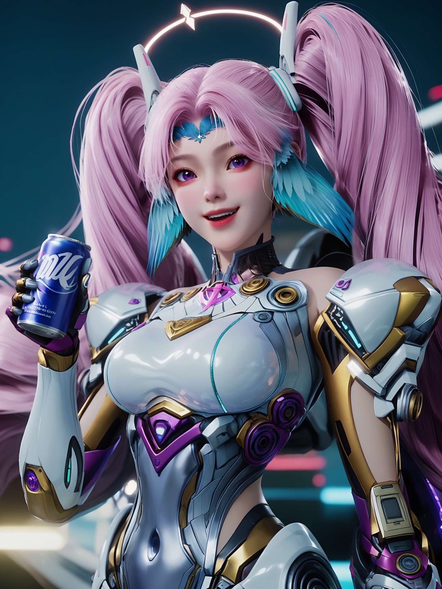 score_9_up,1girl,solo,can, holding_can, holding,looking_at_viewer, smile, open_mouth, blush.<lora:吞噬星空-艾辰Pony:0.7>,striking,voluminous,pastel pink hair styled in twin high ponytails,with a halo-like object floating above her head.wears a form-fitting,high-tech outfit that combines white,purple,and gold hues,with sleek,futuristic designs and glowing blue accents. Her outfit includes a high collar and long sleeves,a robotic hands.,