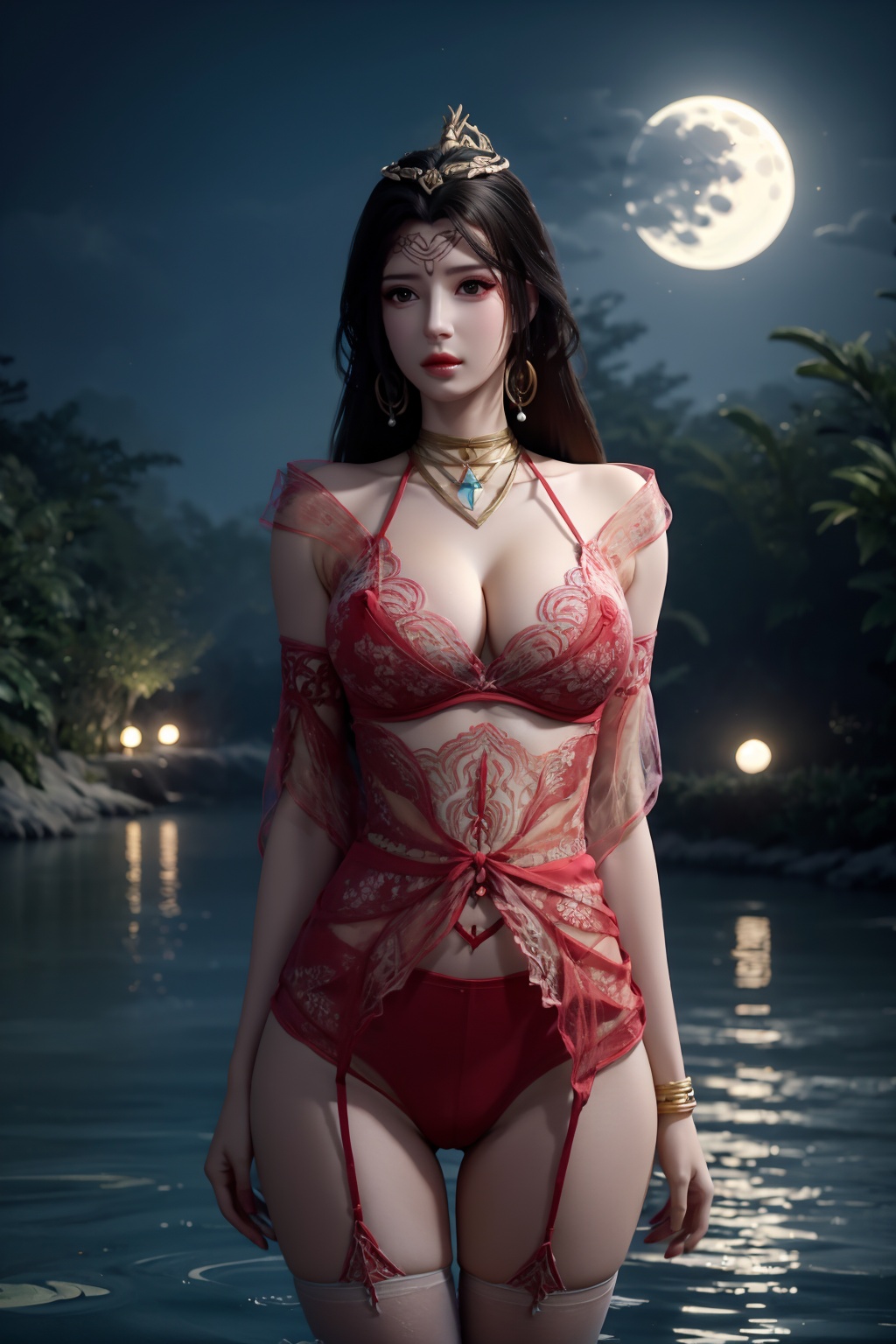 standing,flower,full_moon,moon,night,lily_pad,lotus,moonlight,water,night_sky,lily_\(flower\),sky,partially_submerged,1girl,solo,hair ornament,long hair,realistic,nail polish,photo_\(medium\),(big breasts, cleavage),makeup,(8k, RAW photo, best quality, masterpiece:1.2),(realistic, photorealistic:1.3),ultra-detailed,extremely detailed cg 8k wallpaper,(crystalstexture skin:1.2),extremely delicate and beautiful,(sexy pose:1.2),wearing edgHL,see-through,thighhighs,sexy lingerie,(big breasts:1.2),