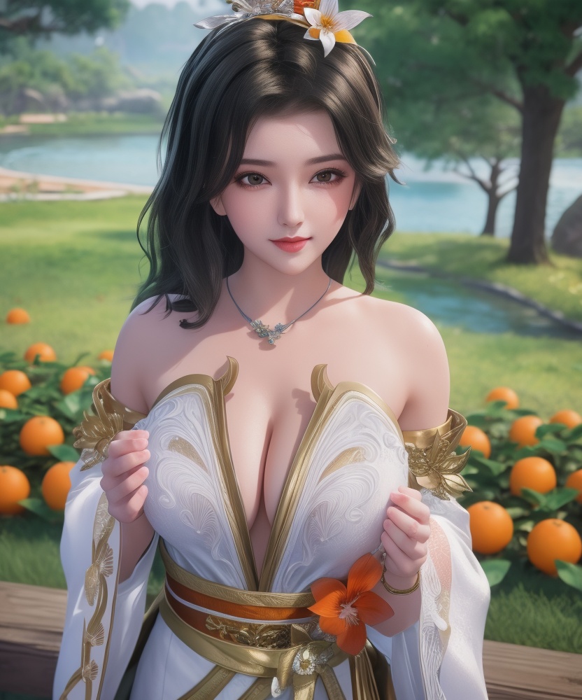 <lora:542-DA-万界至尊-青雉:0.8>(,1girl, ,best quality, ),looking at viewer,  ,ultra detailed background,ultra detailed background,ultra realistic 8k cg,, ,masterpiece, (( , )),, ,      ,  orange blossoms,  (cleavage), (), ,,