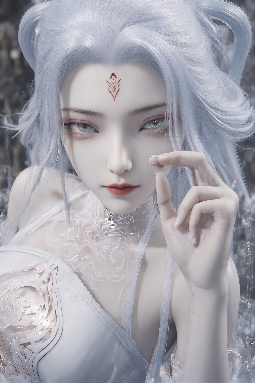 woman,xb,xb,This is a highly detailed CGI image of a pale-skinned,ethereal woman with long,flowing white hair and striking green eyes. She wears a white,ornate dress with intricate patterns and a red mark on her forehead. Her delicate hand rests near her face,adding a contemplative mood. The background is a soft,blurred blue,enhancing her otherworldly appearance,creating a serene,ethereal atmosphere.,